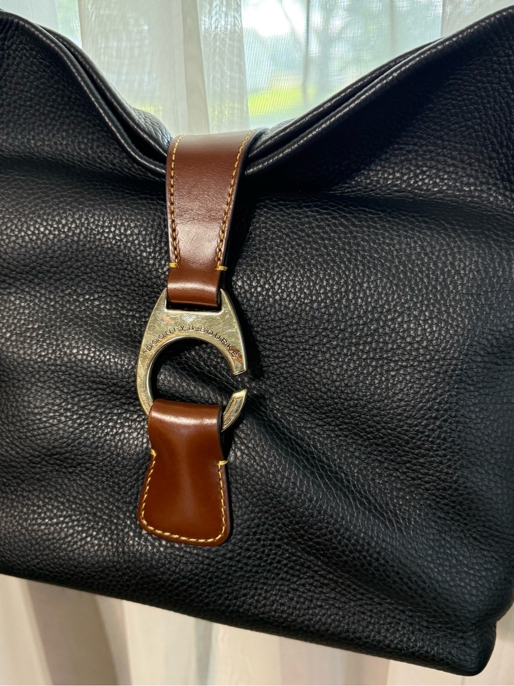 Dooney & Bourke Black Pebbled Leather Derby Hobo with Brown Strap Gold Hardware